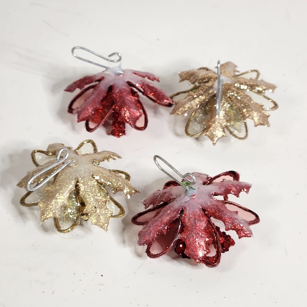 RED AND GOLD GLITTER FLOWER ORNAMENTS SET OF 4 - Picture 5 of 7